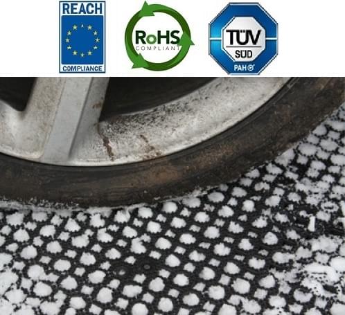 Rohož ležiaca na snehu pod kolesom auta. V hornej časti fotografie môžete vidieť symboly Reach, ROHS a TUV PAH